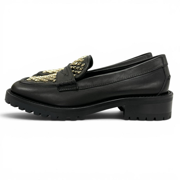極美品▲JIMMY CHOO ジミーチュウ DEANNA 30 ディアナ スタッズ レザー ローファー ブラック ゴールド 37.5 イタリア製 レディース