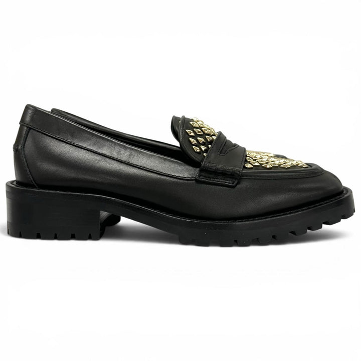 極美品▲JIMMY CHOO ジミーチュウ DEANNA 30 ディアナ スタッズ レザー ローファー ブラック ゴールド 37.5 イタリア製 レディース