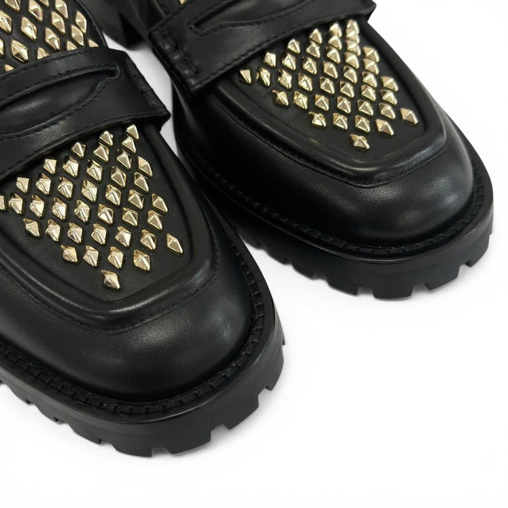 極美品▲JIMMY CHOO ジミーチュウ DEANNA 30 ディアナ スタッズ レザー ローファー ブラック ゴールド 37.5 イタリア製 レディース