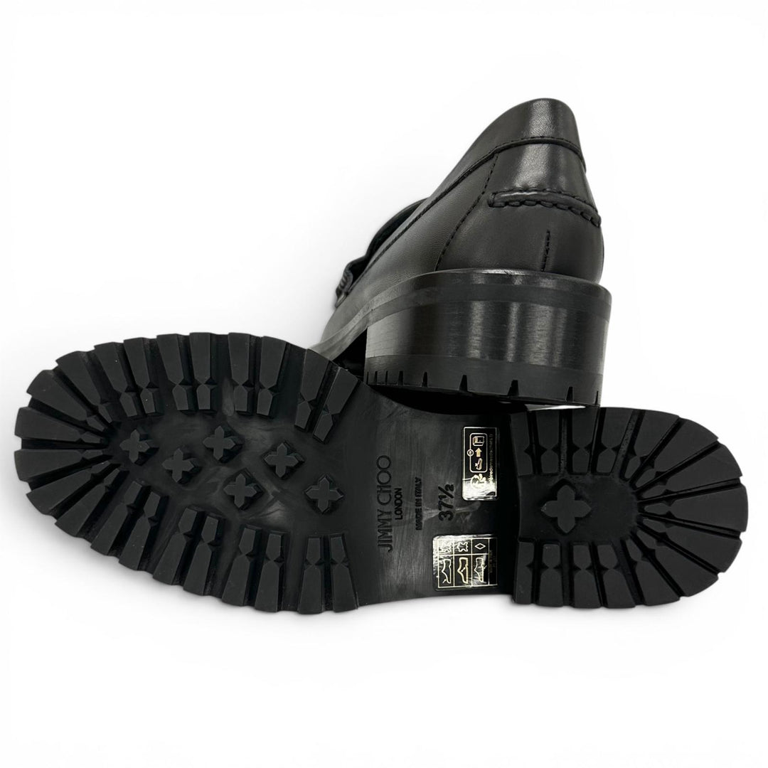 極美品▲JIMMY CHOO ジミーチュウ DEANNA 30 ディアナ スタッズ レザー ローファー ブラック ゴールド 37.5 イタリア製 レディース