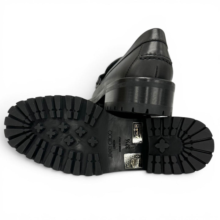 極美品▲JIMMY CHOO ジミーチュウ DEANNA 30 ディアナ スタッズ レザー ローファー ブラック ゴールド 37.5 イタリア製 レディース