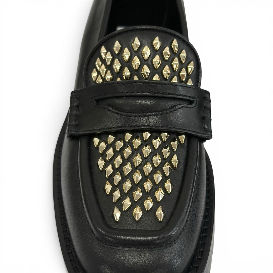 極美品▲JIMMY CHOO ジミーチュウ DEANNA 30 ディアナ スタッズ レザー ローファー ブラック ゴールド 37.5 イタリア製 レディース