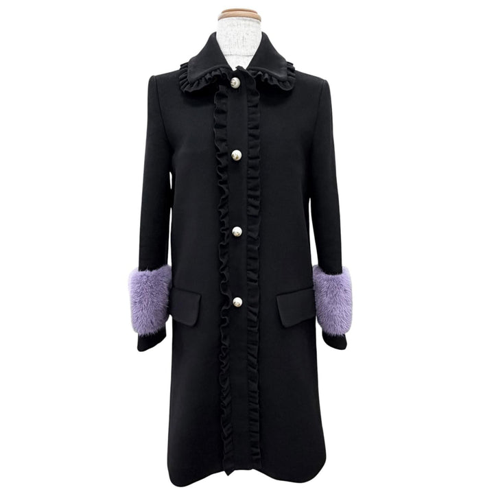 美品△GUCCI グッチ 432405 ウール ミンクファー インターロッキングパールボタン フリルデザインコート ブラック パープル 38 正規品