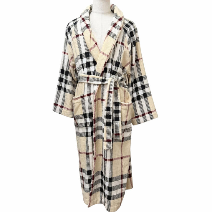未使用品□BURBERRY バーバリー 8075437 ノバチェック柄 パイル地 ベルテッド ガウンコート ベージュ系 M イタリア製 正規品 メンズ
