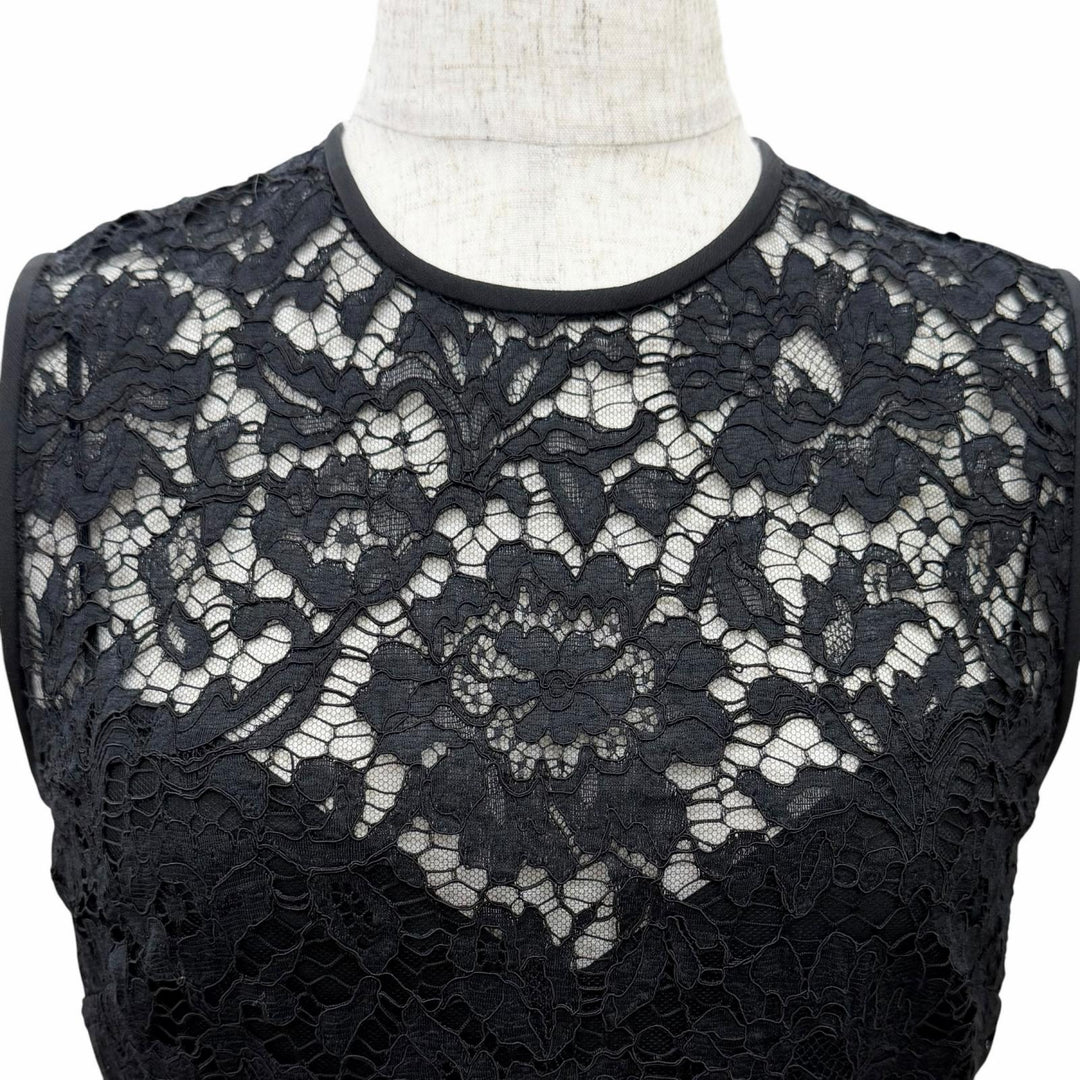 極美品△VALENTINO ヴァレンティノ 22SS 1B3VAZC6360 シルク混 リボン レース切替 ペンシルドレス ノースリーブ ワンピース 黒 36 正規品