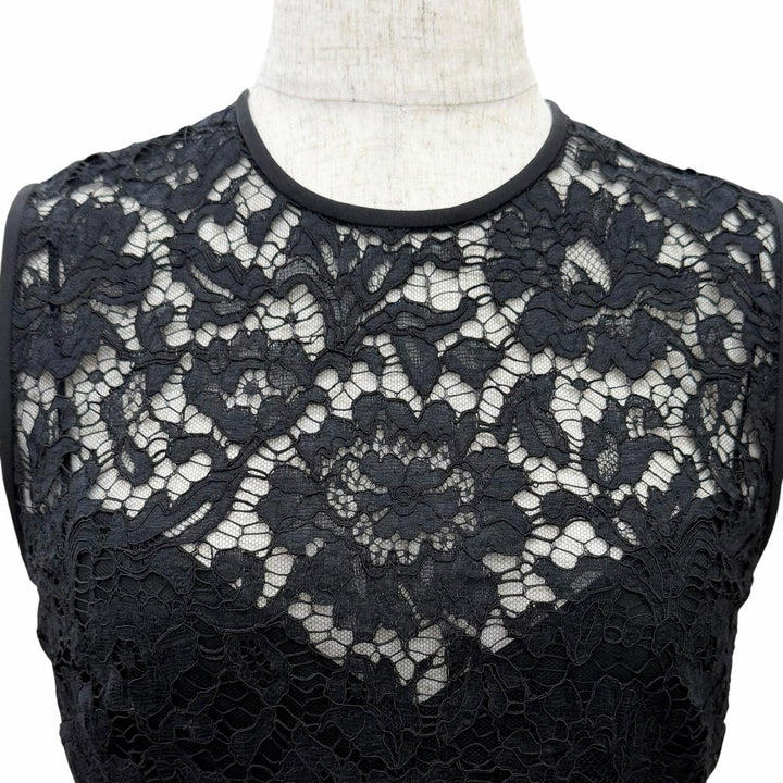 極美品△VALENTINO ヴァレンティノ 22SS 1B3VAZC6360 シルク混 リボン レース切替 ペンシルドレス ノースリーブ ワンピース 黒 36 正規品