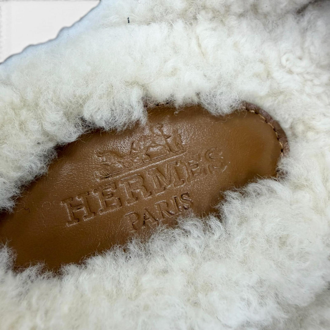 未使用品☆HERMES エルメス オズ シープスキン シルバー金具 ケリーバックル ムートン ミュール ブラウン 37.5 イタリア製 箱・保存袋付