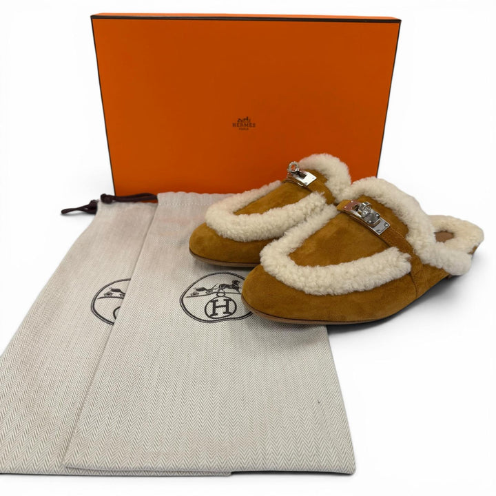 未使用品☆HERMES エルメス オズ シープスキン シルバー金具 ケリーバックル ムートン ミュール ブラウン 37.5 イタリア製 箱・保存袋付