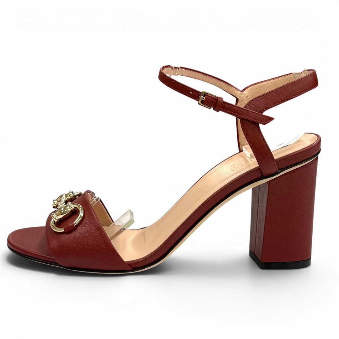 極美品★GUCCI グッチ ホースビット アンクルストラップ レザー サンダル ミュール ボルドー ゴールド金具 36 イタリア製 レディース