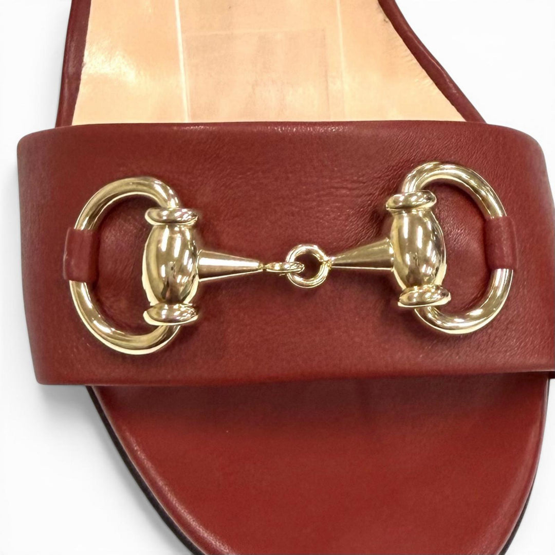 極美品★GUCCI グッチ ホースビット アンクルストラップ レザー サンダル ミュール ボルドー ゴールド金具 36 イタリア製 レディース
