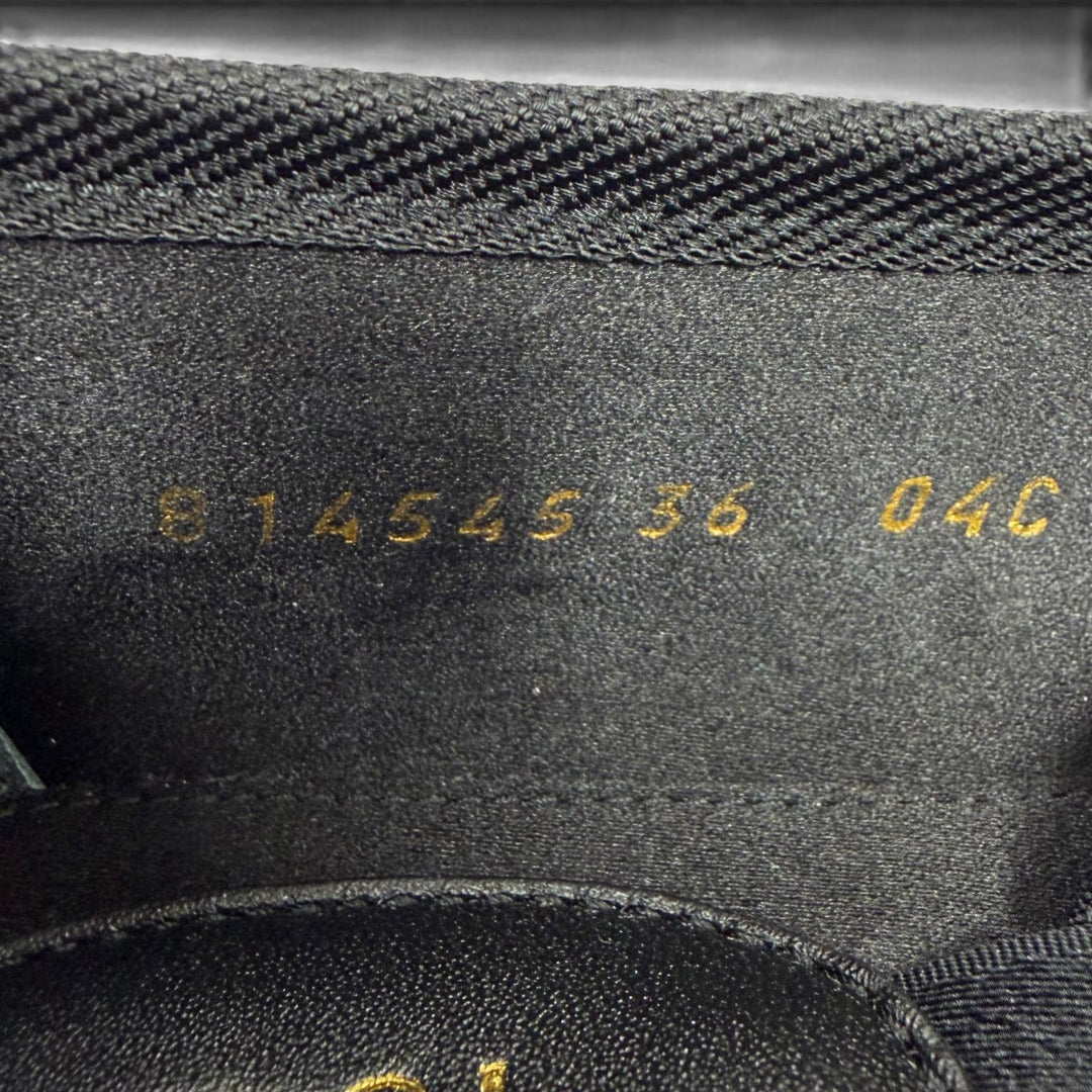 未使用品★GUCCI グッチ 814545 サテン インターロッキングG リボン付 レースアップ バレエシューズ ブラック 36 伊製 箱・保存袋付