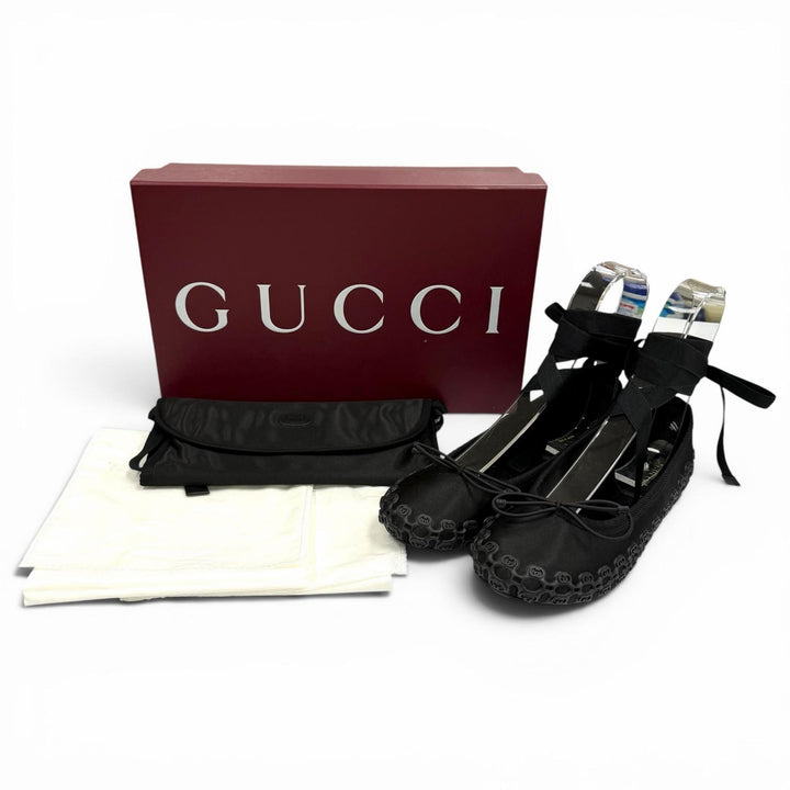 未使用品★GUCCI グッチ 814545 サテン インターロッキングG リボン付 レースアップ バレエシューズ ブラック 36 伊製 箱・保存袋付