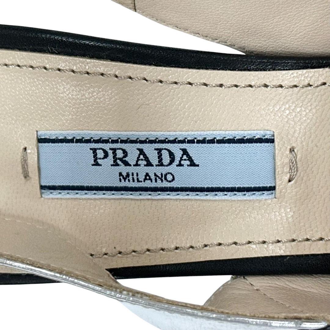 極美品▲PRADA プラダ バイカラー アンクルストラップ チャンキーヒール レザー サンダル ブラック シルバー 37 レディース 保存袋付き