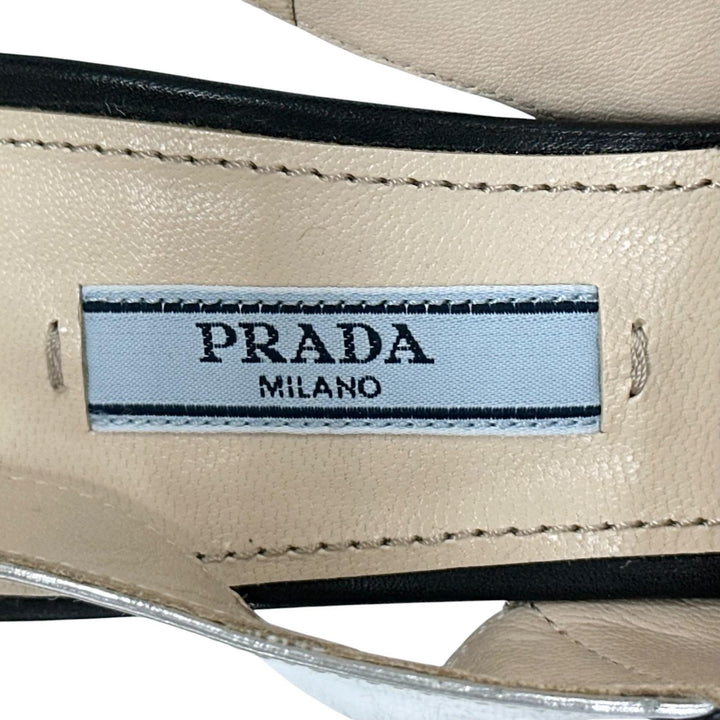 極美品▲PRADA プラダ バイカラー アンクルストラップ チャンキーヒール レザー サンダル ブラック シルバー 37 レディース 保存袋付き