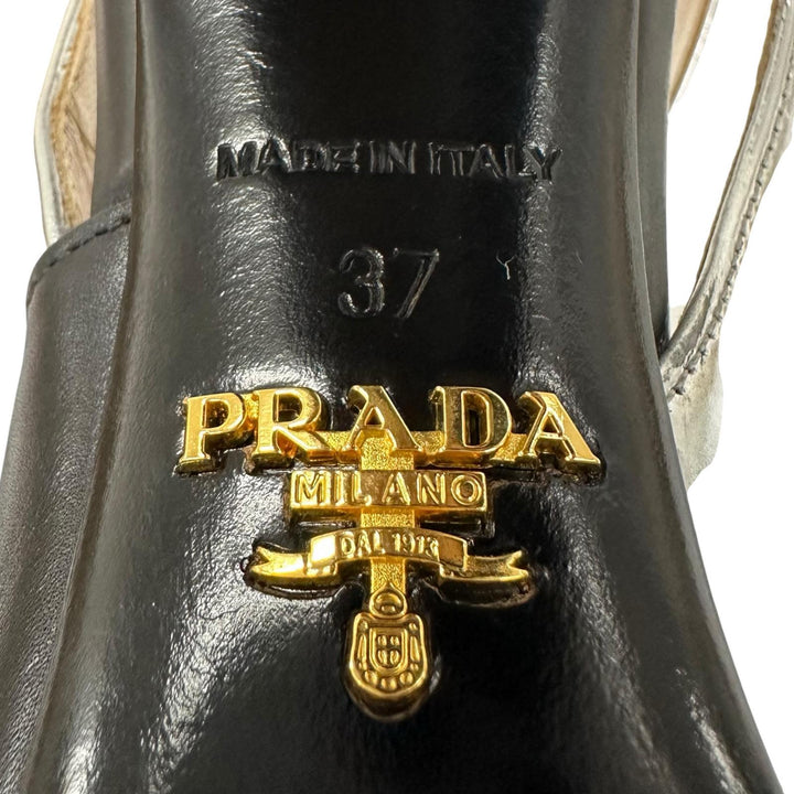 極美品▲PRADA プラダ バイカラー アンクルストラップ チャンキーヒール レザー サンダル ブラック シルバー 37 レディース 保存袋付き