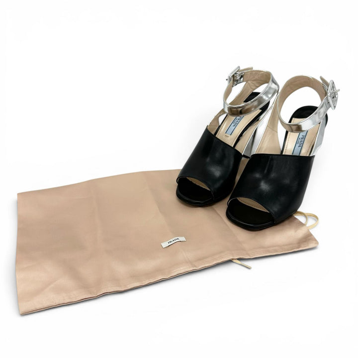 極美品▲PRADA プラダ バイカラー アンクルストラップ チャンキーヒール レザー サンダル ブラック シルバー 37 レディース 保存袋付き