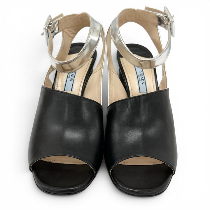 極美品▲PRADA プラダ バイカラー アンクルストラップ チャンキーヒール レザー サンダル ブラック シルバー 37 レディース 保存袋付き