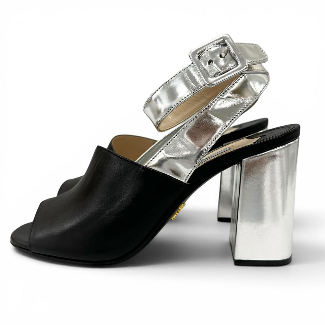 極美品▲PRADA プラダ バイカラー アンクルストラップ チャンキーヒール レザー サンダル ブラック シルバー 37 レディース 保存袋付き