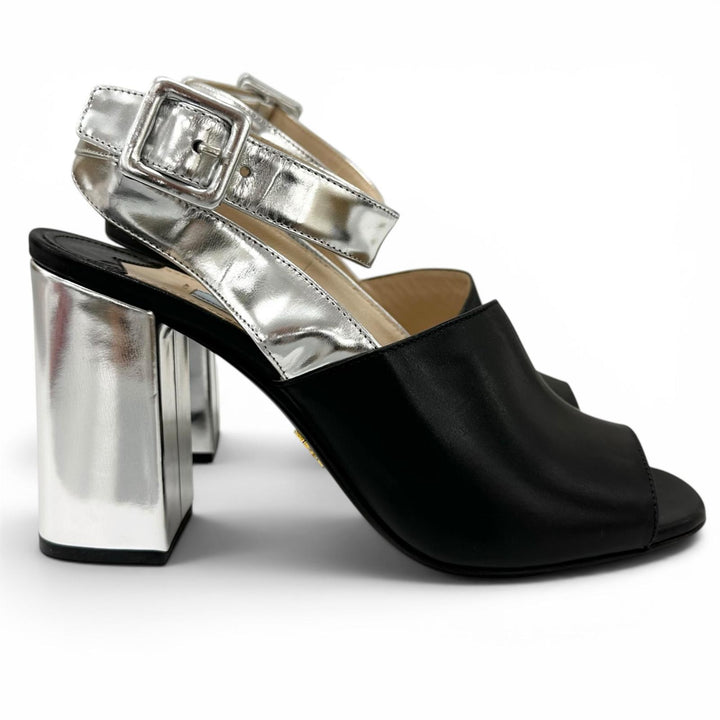 極美品▲PRADA プラダ バイカラー アンクルストラップ チャンキーヒール レザー サンダル ブラック シルバー 37 レディース 保存袋付き