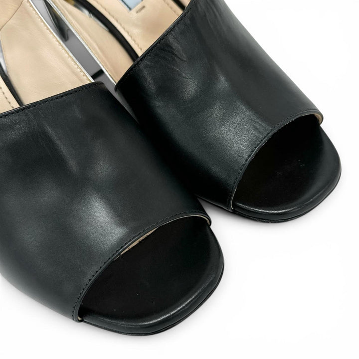 極美品▲PRADA プラダ バイカラー アンクルストラップ チャンキーヒール レザー サンダル ブラック シルバー 37 レディース 保存袋付き