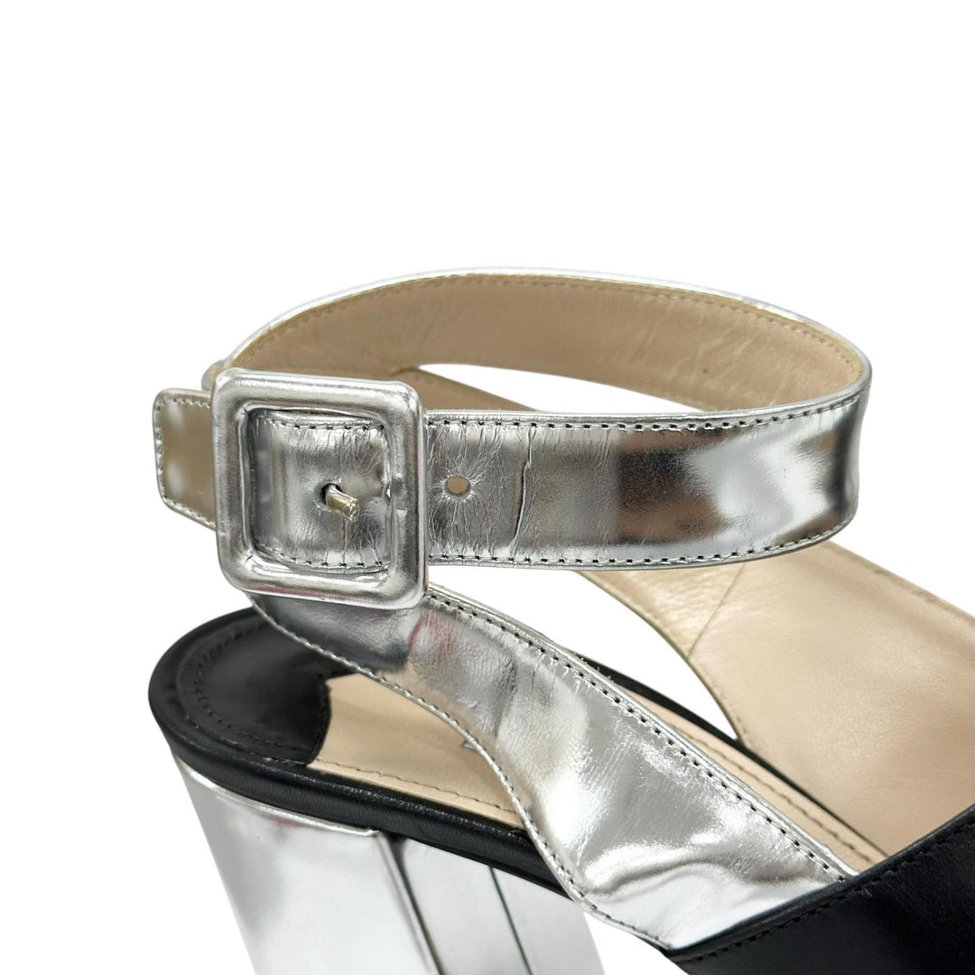 極美品▲PRADA プラダ バイカラー アンクルストラップ チャンキーヒール レザー サンダル ブラック シルバー 37 レディース 保存袋付き