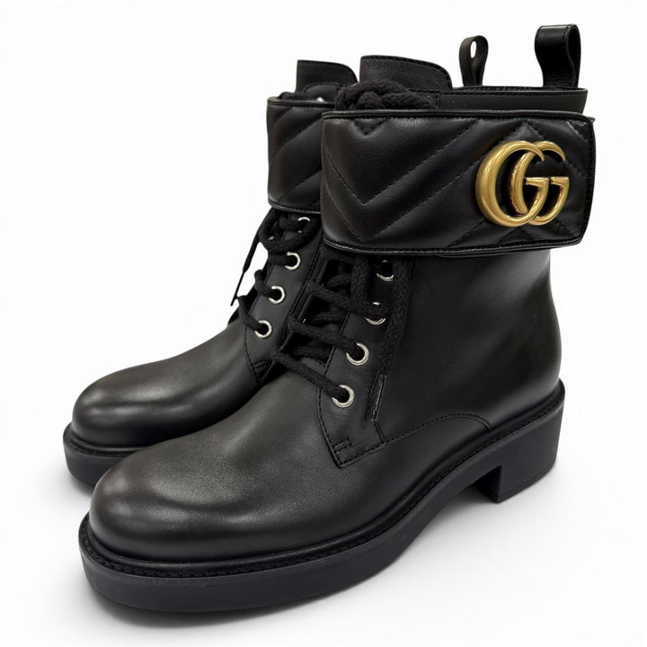 未使用品☆GUCCI グッチ 670397 GGマーモント レザー ショートブーツ アンクルブーツ ブラック ゴールド金具 35 イタリア製 箱・保存袋付
