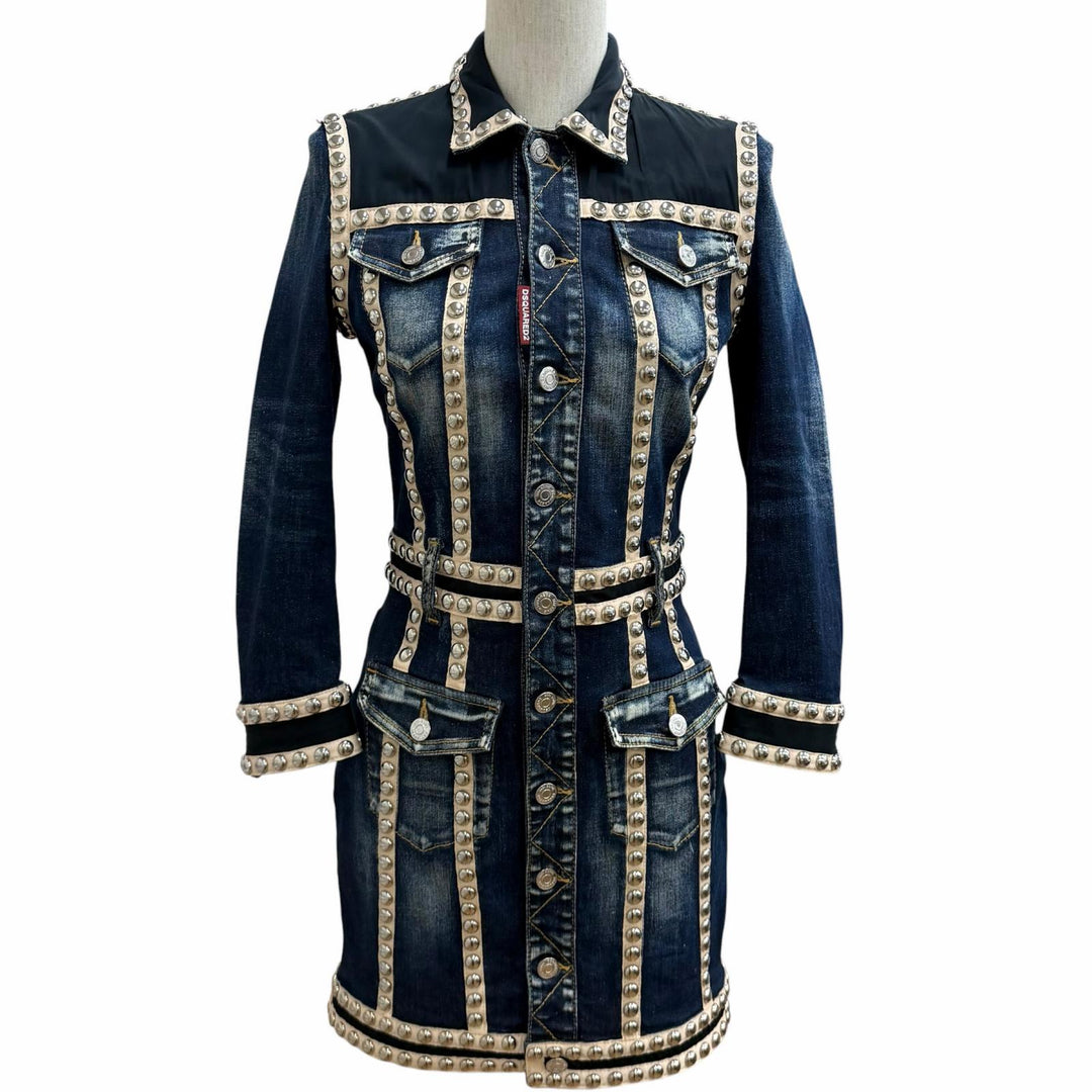 極美品★DSQUARED2 ディースクエアード 21SS S75CV0348 ロゴ金具付 スタッズ デニム ワンピース インディゴ 38 正規品 ハンガー付き