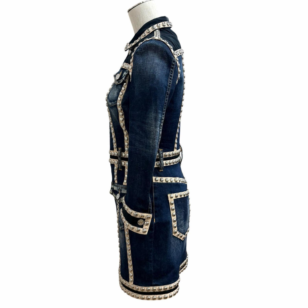 極美品★DSQUARED2 ディースクエアード 21SS S75CV0348 ロゴ金具付 スタッズ デニム ワンピース インディゴ 38 正規品 ハンガー付き