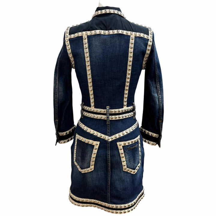 極美品★DSQUARED2 ディースクエアード 21SS S75CV0348 ロゴ金具付 スタッズ デニム ワンピース インディゴ 38 正規品 ハンガー付き