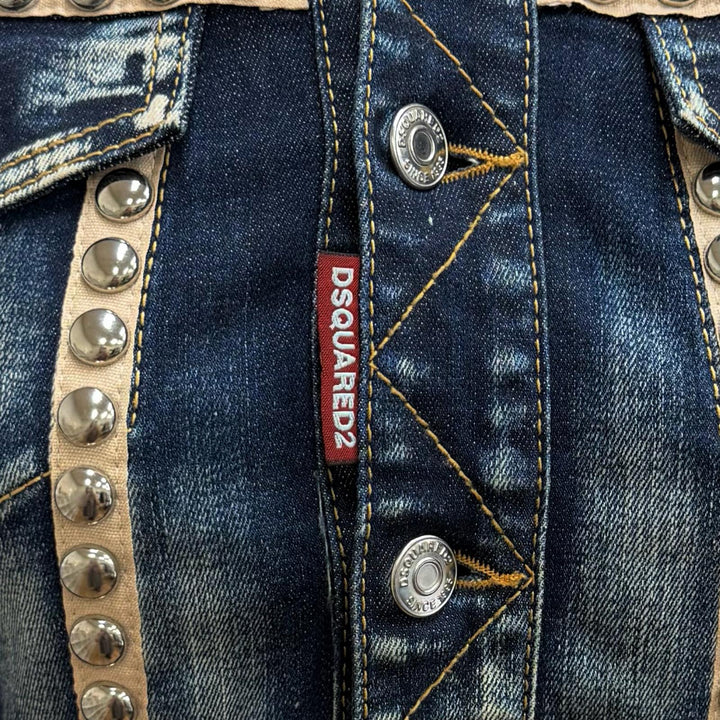 極美品★DSQUARED2 ディースクエアード 21SS S75CV0348 ロゴ金具付 スタッズ デニム ワンピース インディゴ 38 正規品 ハンガー付き