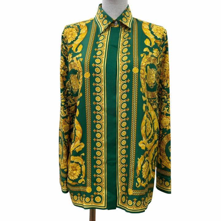 未使用品☆VERSACE ヴェルサーチ 2025年製 1001360 シルク100％ メデューサボタン バロック 長袖シャツ グリーン 38 正規品 レディース