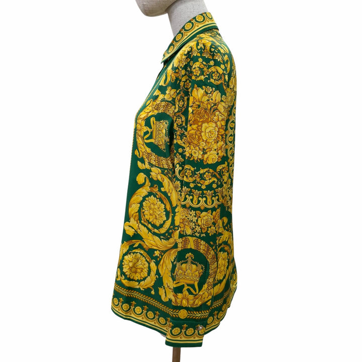 未使用品☆VERSACE ヴェルサーチ 2025年製 1001360 シルク100％ メデューサボタン バロック 長袖シャツ グリーン 38 正規品 レディース