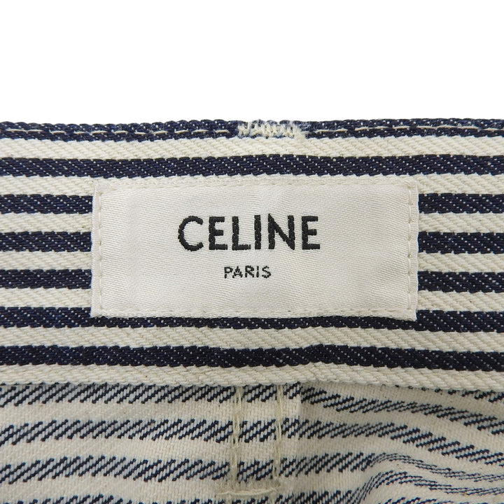 未使用品▲CELINE セリーヌ コットン100％ レザーパッチ ヒッコリー デニム パンツ ホワイト ネイビー 25 日本製 正規品 レディース