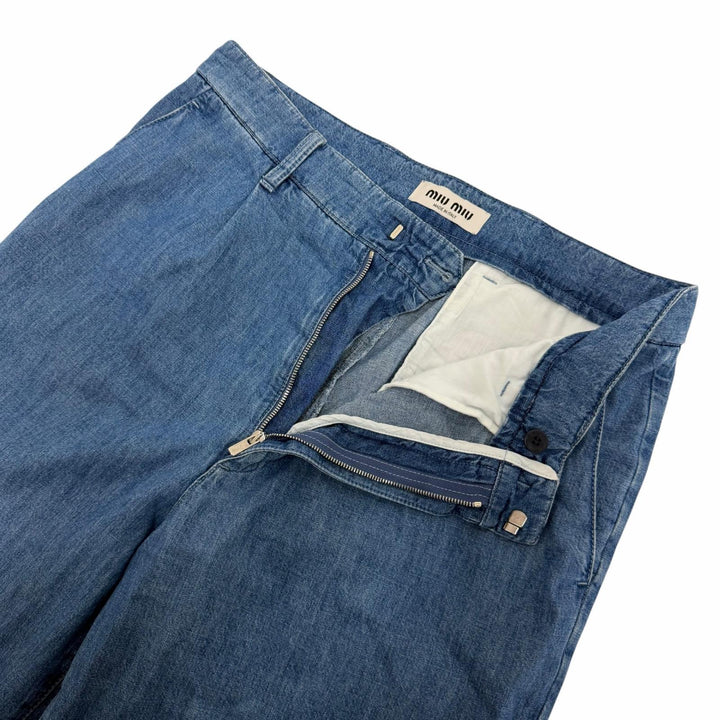 美品☆MIUMIU ミュウミュウ 23AW GWP471 コットン シャンブレー ロゴ刺繍 ワイドパンツ デニムパンツ インディゴブルー 38 伊製 正規品