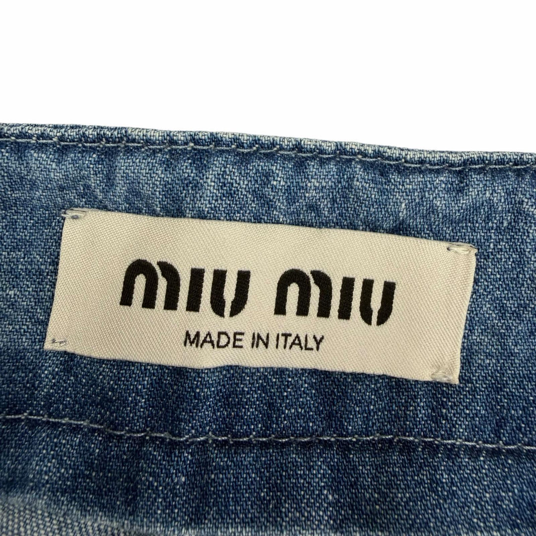 美品☆MIUMIU ミュウミュウ 23AW GWP471 コットン シャンブレー ロゴ刺繍 ワイドパンツ デニムパンツ インディゴブルー 38 伊製 正規品