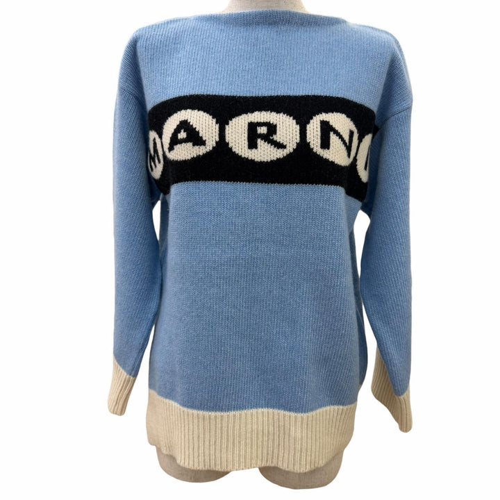 極美品☆MARNI マルニ 23AW GCMD0484Q0 バージンウール100％ ロゴ入り サイドスリット 長袖 ニット ブルー 36 正規品 レディース