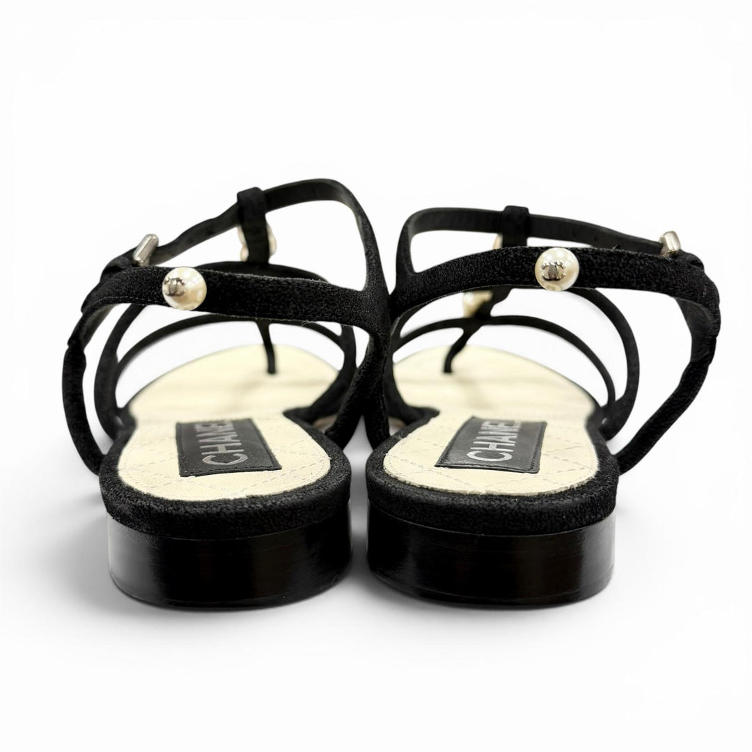 美品◇CHANEL シャネル ココマーク パール スウェードレザー ストラップ フラット サンダル ブラック 35.5C イタリア製 レディース
