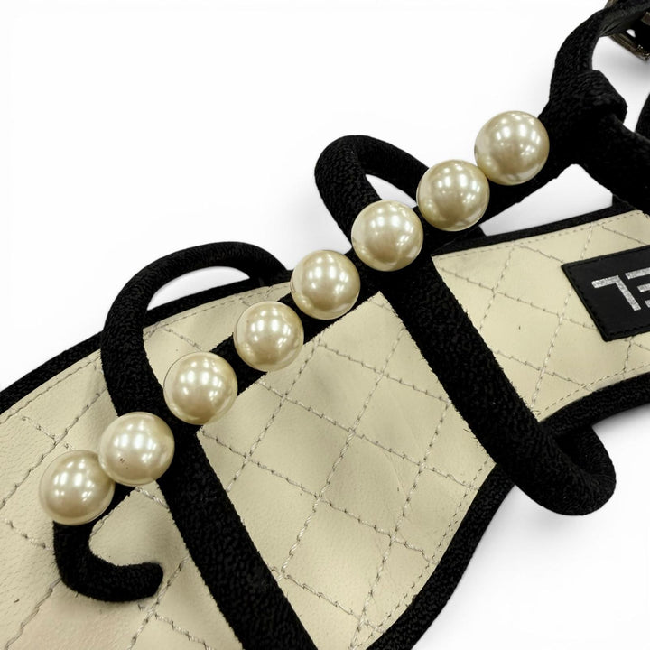 美品◇CHANEL シャネル ココマーク パール スウェードレザー ストラップ フラット サンダル ブラック 35.5C イタリア製 レディース