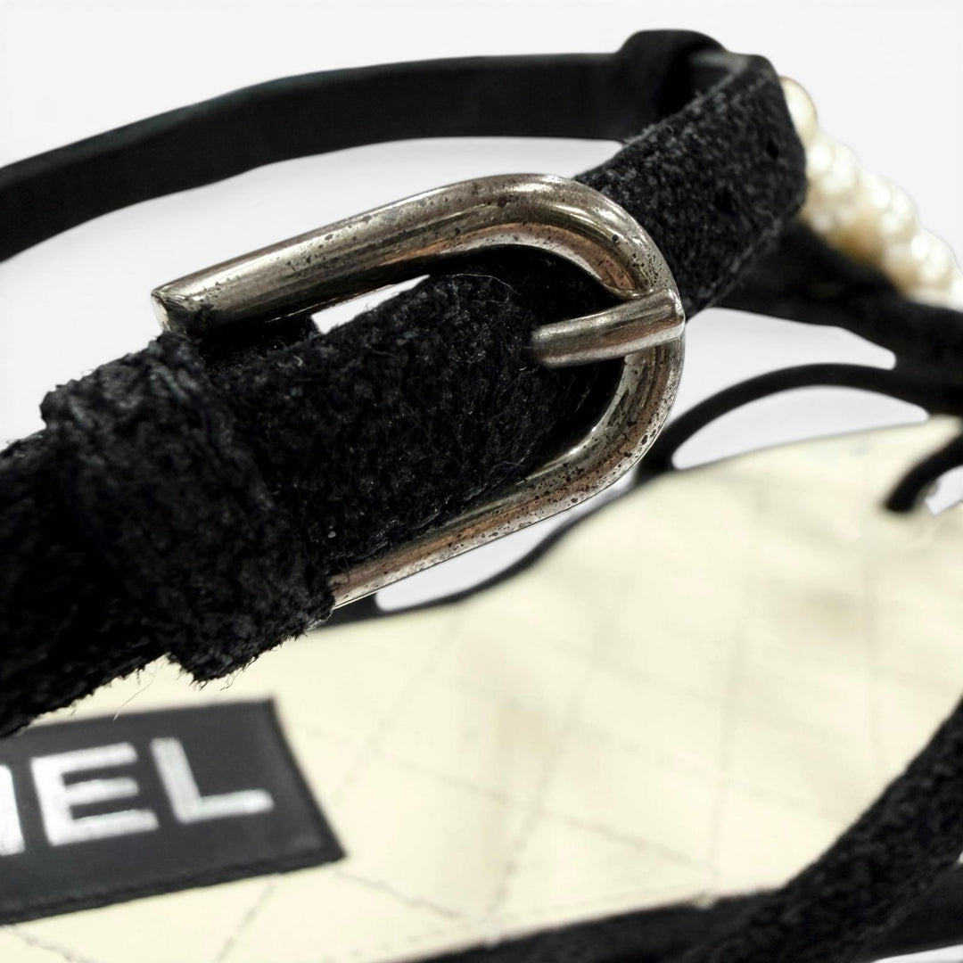 美品◇CHANEL シャネル ココマーク パール スウェードレザー ストラップ フラット サンダル ブラック 35.5C イタリア製 レディース