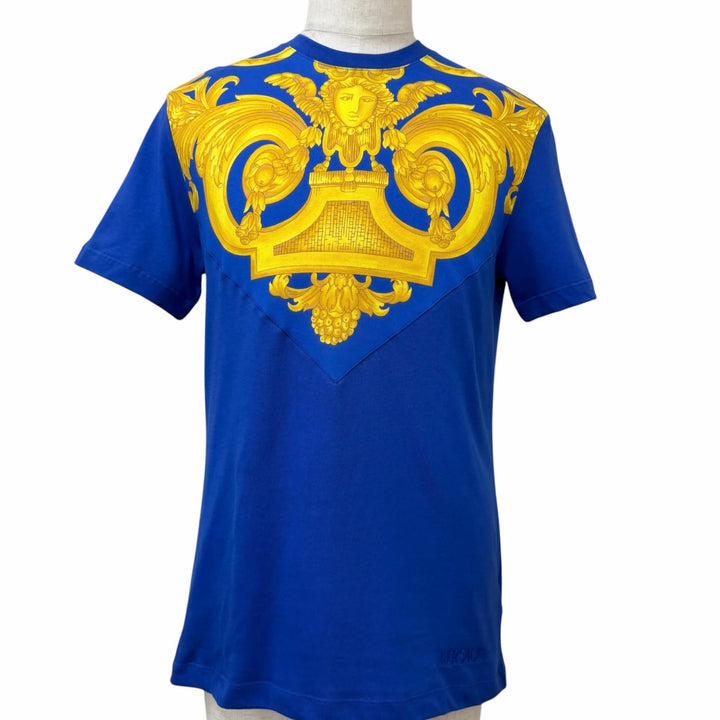 未使用品□VERSACE ヴェルサーチ 2023年製 1012174 バロック メデューサ ロゴ刺繍 半袖Ｔシャツ カットソー ブルー イエロー M 正規品