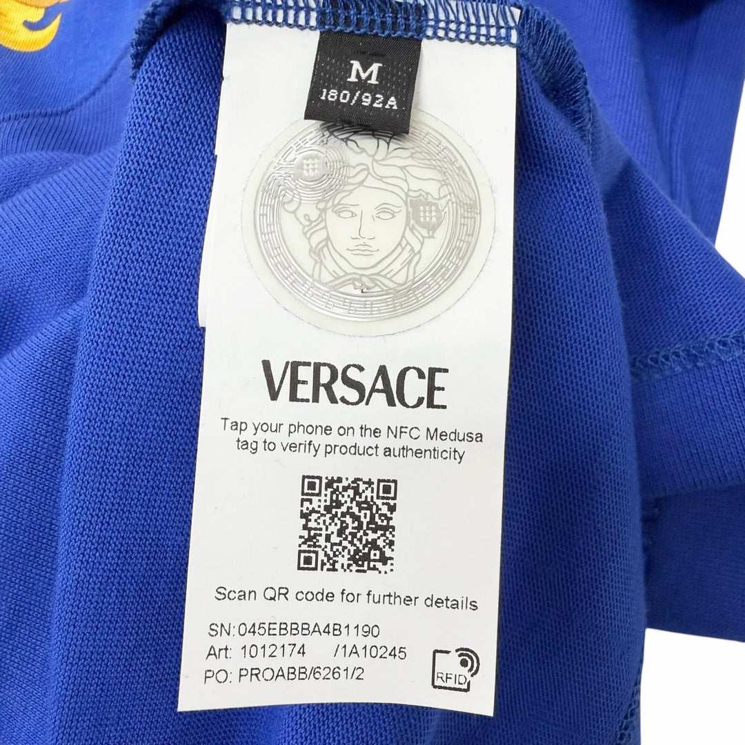 未使用品□VERSACE ヴェルサーチ 2023年製 1012174 バロック メデューサ ロゴ刺繍 半袖Ｔシャツ カットソー ブルー イエロー M 正規品
