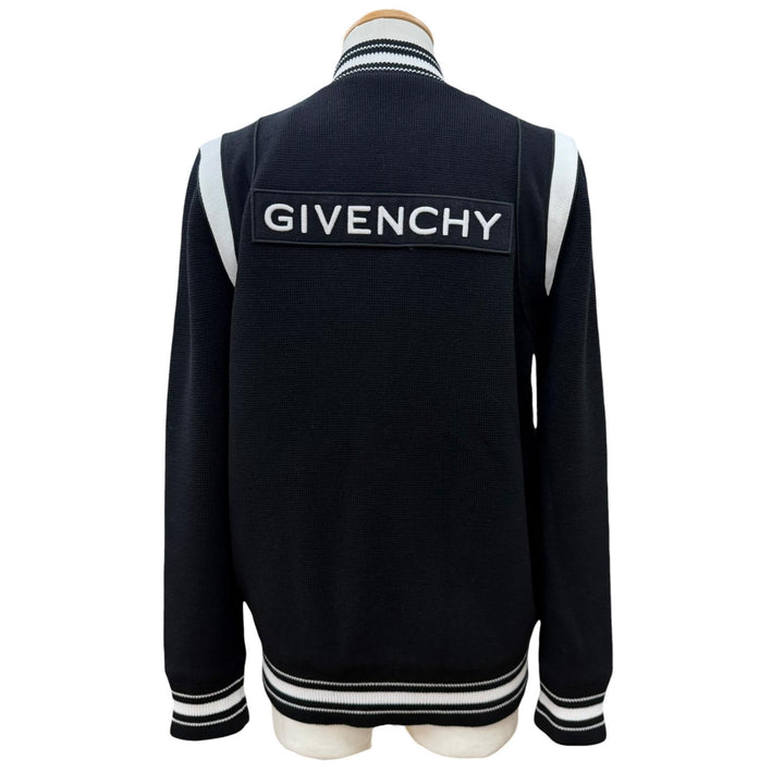 美品▼GIVENCHY ジバンシィ BM00D04Y1L ウール100% バックロゴ ニット ブルゾン ボンバージャケット ブラック ホワイト M 正規品 メンズ