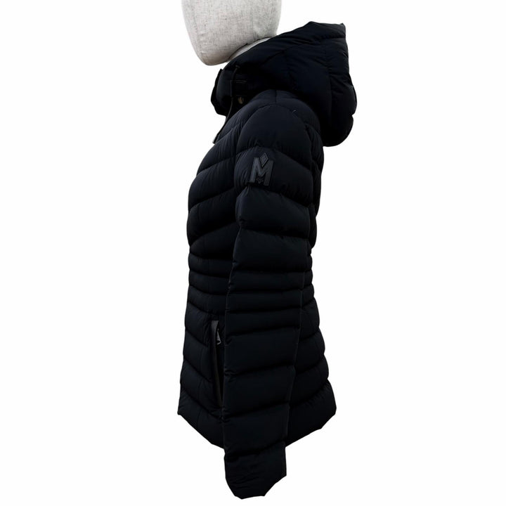 美品☆MACKAGE マッカージュ 5880000848 PATSY-NFR ロゴレザーパッチ レザー使い フード付 ZIP UP ダウンコート ブラック XS ハンガー付