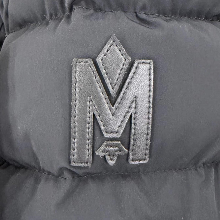 美品☆MACKAGE マッカージュ 5880000848 PATSY-NFR ロゴレザーパッチ レザー使い フード付 ZIP UP ダウンコート ブラック XS ハンガー付