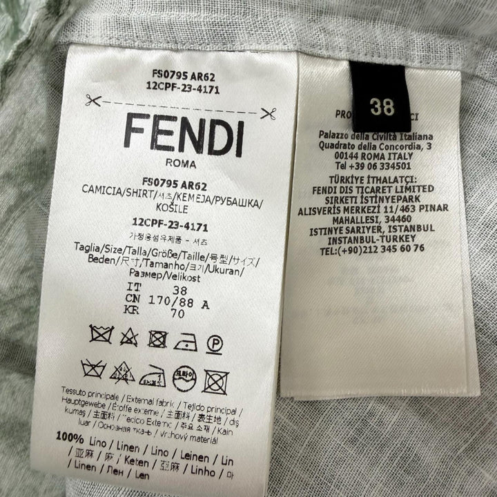 極美品□FENDI フェンディ 2023年製 FS0795 リネン100％ FFロゴ ズッカ 総柄 半袖シャツ グリーン ホワイト 38 イタリア製 正規品 メンズ