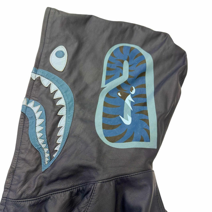 美品□A BATHING APE ア ベイシング エイプ LEATHER SHARK HOODIE JACKET シャークパーカー レザージャケット ネイビー M 正規品 メンズ