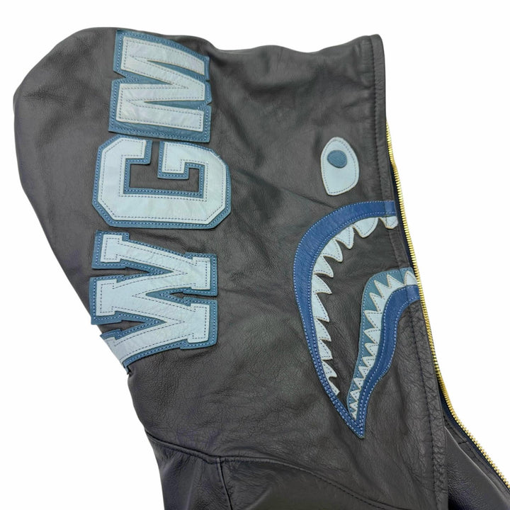 美品□A BATHING APE ア ベイシング エイプ LEATHER SHARK HOODIE JACKET シャークパーカー レザージャケット ネイビー M 正規品 メンズ
