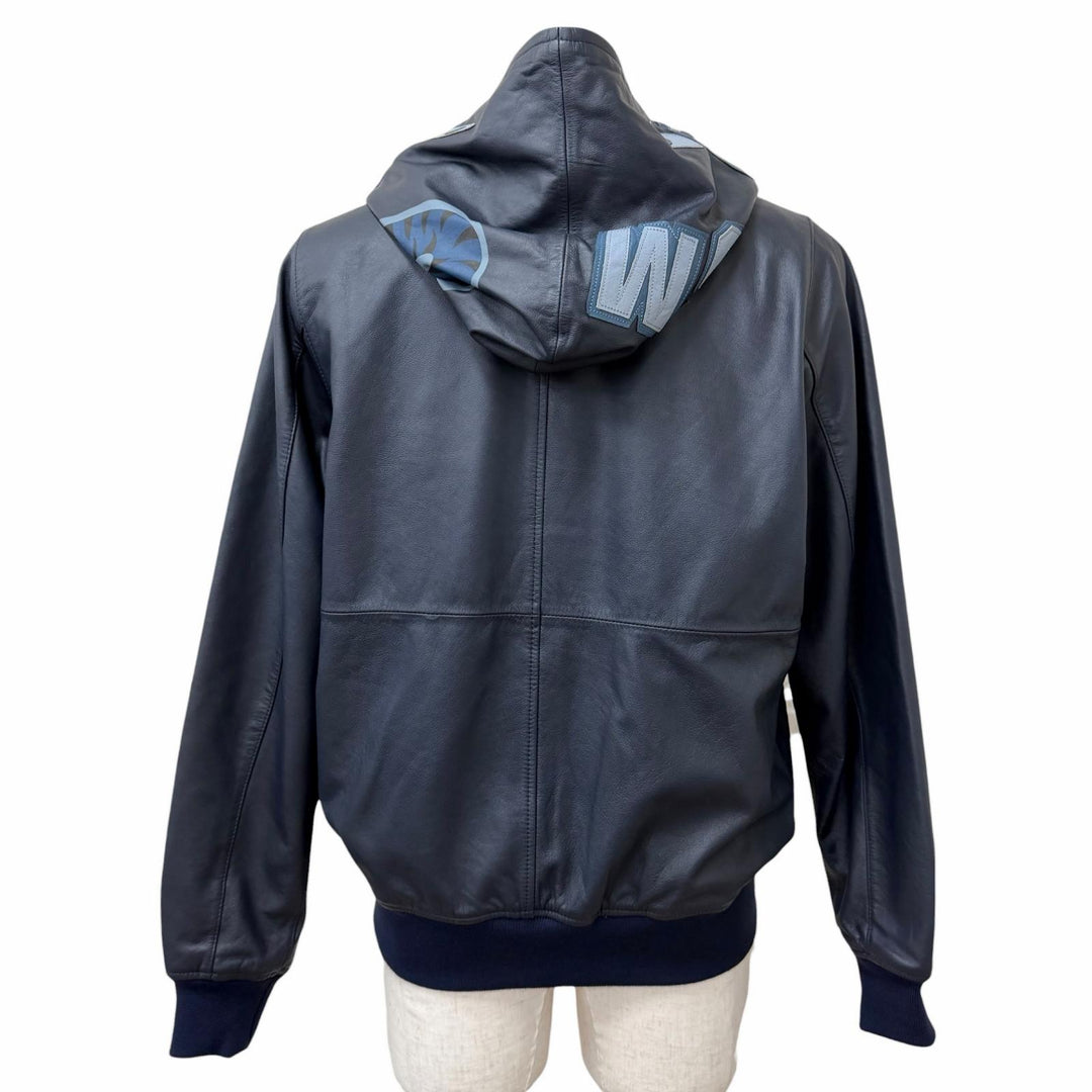 美品□A BATHING APE ア ベイシング エイプ LEATHER SHARK HOODIE JACKET シャークパーカー レザージャケット ネイビー M 正規品 メンズ