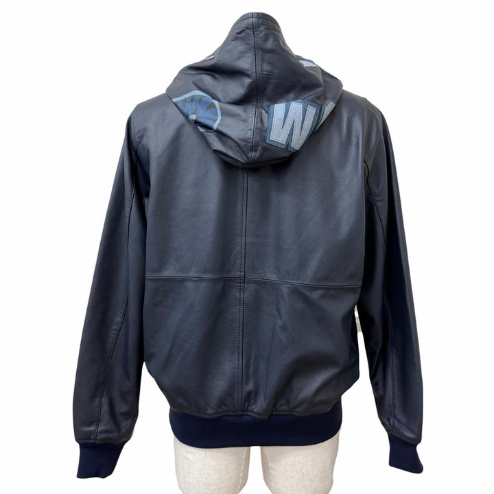 美品□A BATHING APE ア ベイシング エイプ LEATHER SHARK HOODIE JACKET シャークパーカー レザージャケット ネイビー M 正規品 メンズ
