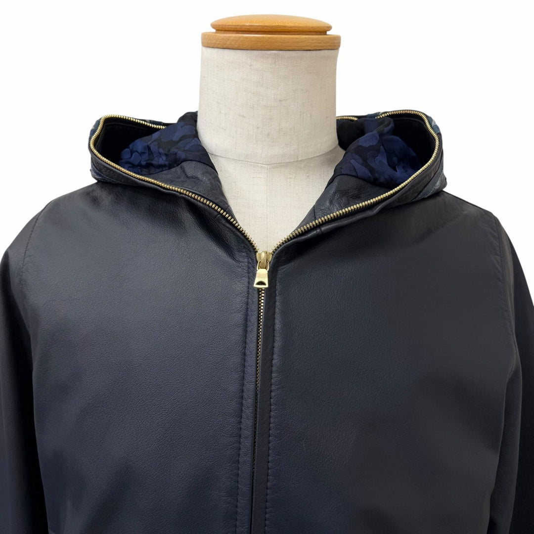 美品□A BATHING APE ア ベイシング エイプ LEATHER SHARK HOODIE JACKET シャークパーカー レザージャケット ネイビー M 正規品 メンズ